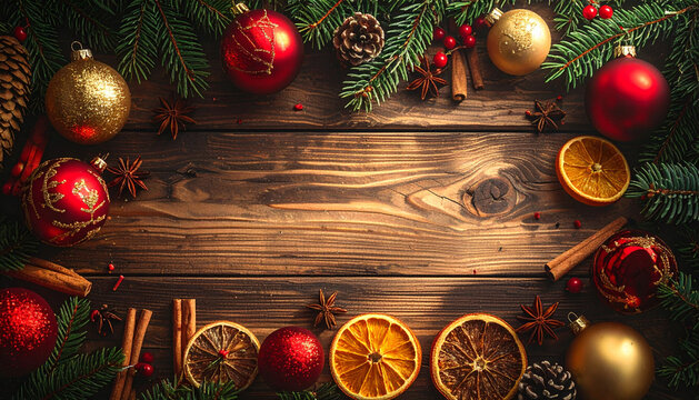 Christmas card with rustic wooden surface holding fir twig baubles cinnamon and orange slices generative AI