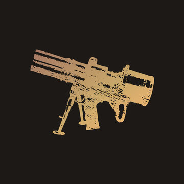 "Gritty stencil style minigun (Gatling gun) in distressed gradient tones, with rough halftone texture and mount. Ideal for bold game or military themed designs."