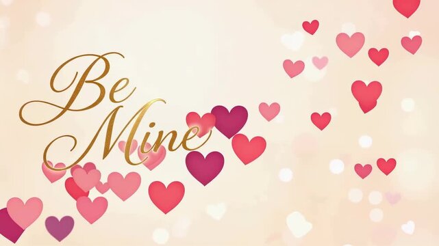 Be mine gold script lettering with floating pink and red hearts on soft bokeh background. romantic valentine greeting animation.