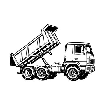 Heavy dump truck line art drawing with raised tipper body