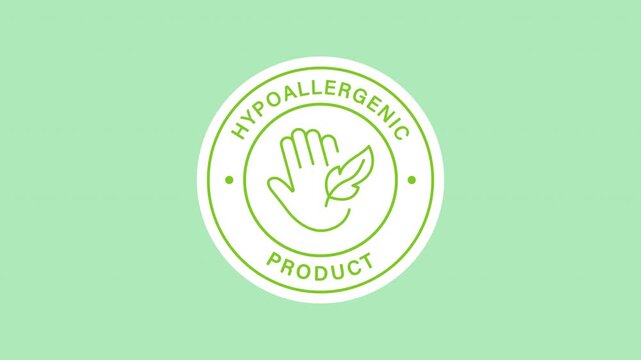 Hypoallergenic product sticker animation with a green hand with leaf inside on a transparent background. Hypoallergenic certification symbol. Seamless animated icon. 4K video overlay isolated element.