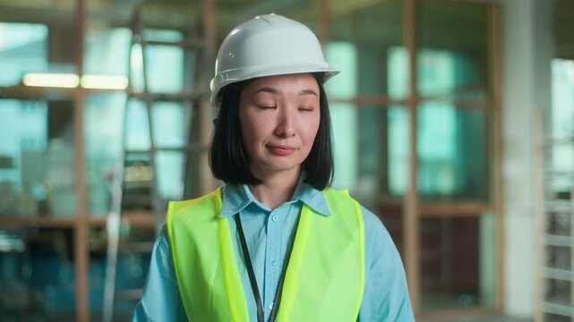 Asian woman Korean industrial worker in safety helmet talking walkie talkie. Chinese female Japanese engineer talk with portable transmitter controlling building construction speak remote controller