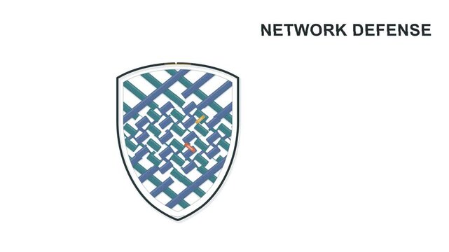 Network defense, cybersecurity and shield icon for data protection, internet safety and privacy. Technology, digital security and firewall with encryption for business, system and server online