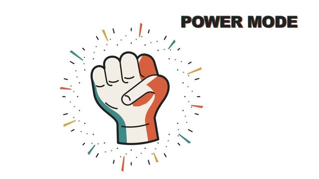 Power mode, fist and strength for motivation, success and leadership in business. Achievement, empowerment and motion graphic with energy, protest and human rights for revolution and bold results