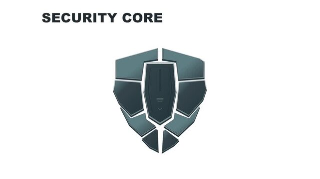 Security core, shield and protection icon on white background for cyber safety, data privacy and corporate defense. Guard, metallic and technological armor with network system and insurance.