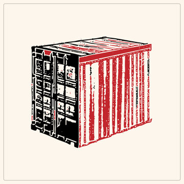 Weathered cargo box, also called a sea can or intermodal freight container, rendered in rough stencil. The corrugated steel sides and locking doors give a gritty vintage print feel.