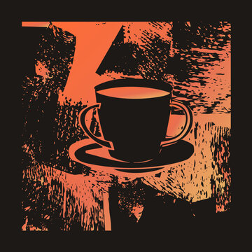 Bold java cup and saucer rendered in gritty stencil style, this joe to go graphic layers rough halftone distress over a fiery orange gradient. Perfect caffeine with retro screenprint attitude.