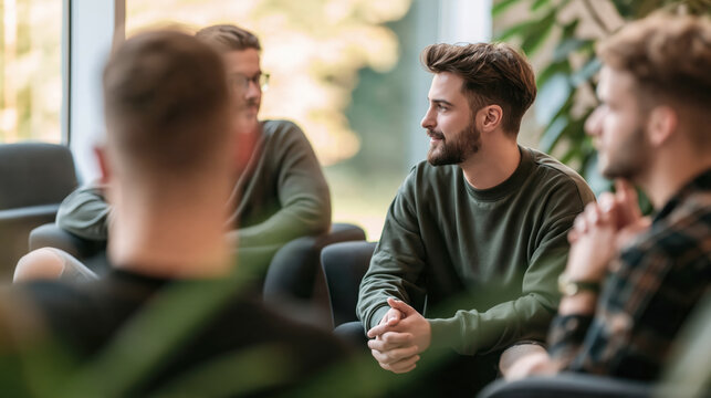 Young man engaged in deep conversation during casual indoor group meeting