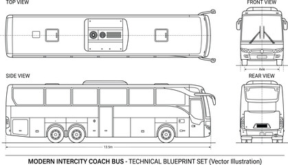 Modern Intercity Coach Bus Blueprint Vector Set Featuring Top Side Front and Rear Technical Orthographic Views for Automotive Design and Public Transit Engineering © Donall