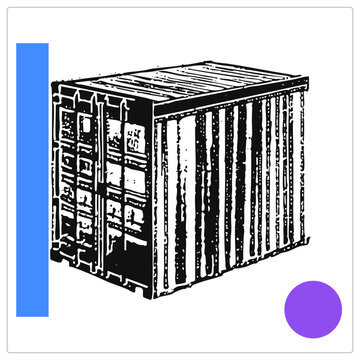 "Grunge stencil drawing of a cargo box (sea can/intermodal freight unit) in rough black ink with corrugated texture. Distressed gives a raw vintage print feel on transparent background."