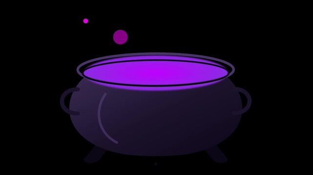 Mysterious purple potion bubbling in a cauldron on a black background.
