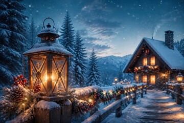 Fototapeta premium Cozy snow covered cabin glowing beside a winter mountain path