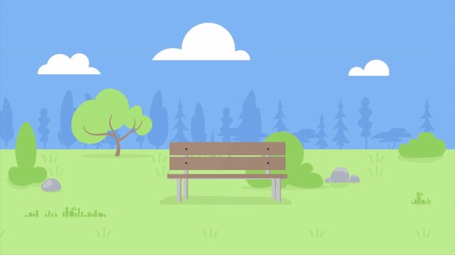 Cartoon summer park bench loop background with pine forest and white clouds. Seamless looping garden scene great for relaxing videos, picnic animations, and peaceful backdrops.