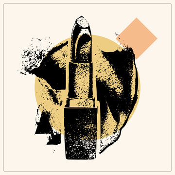 "Vintage lipstick in gritty halftone stencil style, raised from its case over an ink splattered background, blending retro cosmetic with bold geometric shapes."