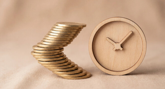 Curved stack of gold coins beside wooden clock for time is money and savings concept
