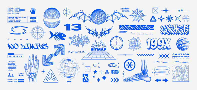 Bitmap Y2K and Retrofuturistic elements in pixel collage - 3D shapes, wireframe elements, cyber lettering, pixelated figures, tribal, icons, sign and symbols. Bitmap y2k futurism. Acid vector set