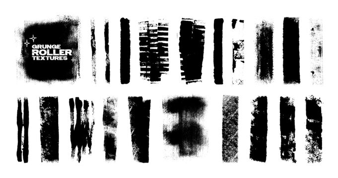 Grunge paint roller textures with rough edges, speckled patches and distressed vertical strokes. Creative distressed stripes and dry smudges. Bold ink roller textures, Vector graphic collection