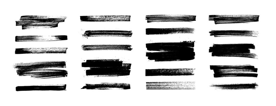 Black bold dried brush strokes isolated on white. Straight acrylic paint lines, and artistic grunge textures. Dry bristle textures and distressed edges. Hand drawn brush strokes. Vector ink swashes