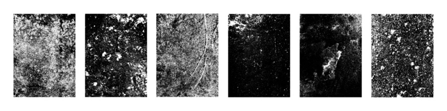 Six black and white grunge textures with weathered surfaces, scratches, stains and scattered speckles. Overlay monochrome texture for background. Vector pack. Grunge overlay set, wall textures.
