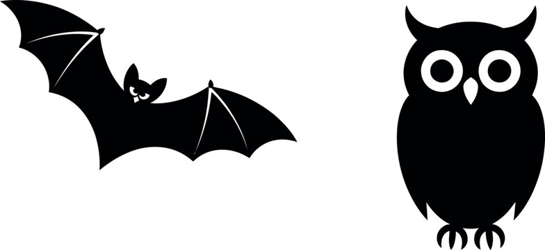 Black silhouette bat and owl facing each other