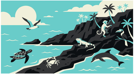 Obraz premium Vector illustration of tropical coastal wildlife with marine animals, iguana, dolphin, turtle, and monkey on rocky volcanic island shore