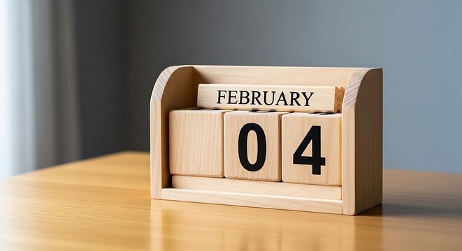 Wooden calendar cube showing february 04 day