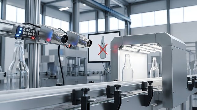 Automated glass bottle inspection and rejection system on industrial conveyor production line