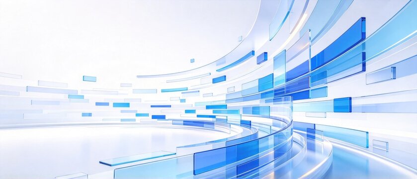 Blue transparent geometric panels and curved glass elements flowing through bright futuristic white space, idea for digital technology, information exchange and modern data communication