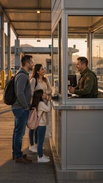 A family with a young girl talks to a border officer inside a checkpoint booth during sunset, illustrating travel, security, and border crossing procedures.