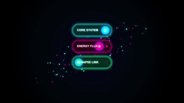 Futuristic hud interface with glowing neon data nodes and digital energy flux animation technology