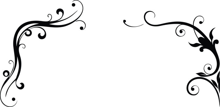 Black flourish corner ornaments with vines and leaves for elegant stationery borders or vintage decorative frame design.