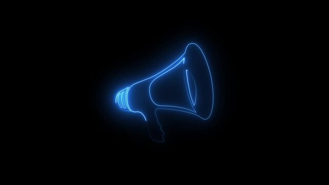 Blue Neon Glowing Megaphone Outline Drawing Animation on Black Background