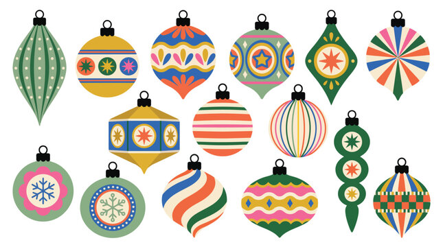 Collection of vintage christmas ornaments isolated on a white background