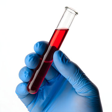 Medical professional holding test tube with red liquid in laboratory