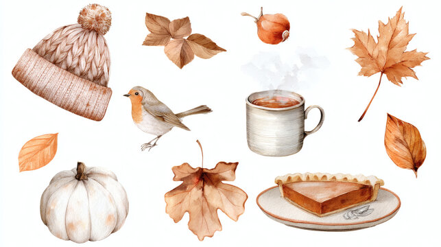 Watercolor autumn collection with a knitted beanie, bird, pumpkin, falling leaves, warm coffee, apple and slice of pie on a white background