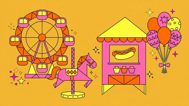 Vector illustration of an amusement park featuring a Ferris wheel, a pink carousel, a hot dog stand, and colorful balloons.