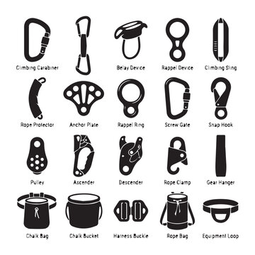 Professional climbing and mountaineering gear equipment icons set with climbing mountaineering equipment adventure carabiner ascender accessories silhouette activity sportswear mountains