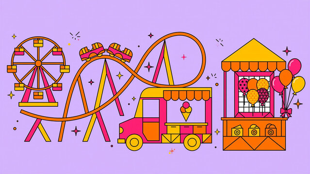 Vector illustration of an amusement park featuring a Ferris wheel, roller coaster, ice cream truck, and balloon-popping game stall.