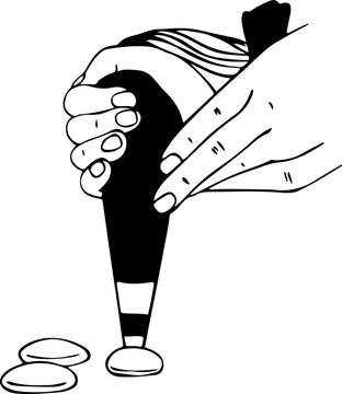 Pastry chef piping cream onto macaron shell for bakery cooking concept, vector illustration