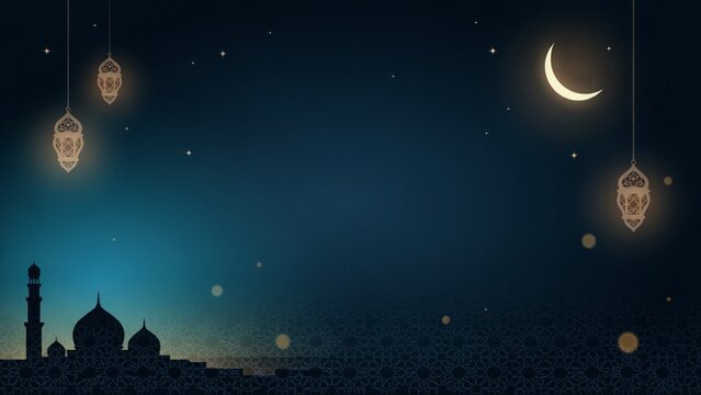 Islamic mosque silhouette with hanging lanterns under crescent moon at night