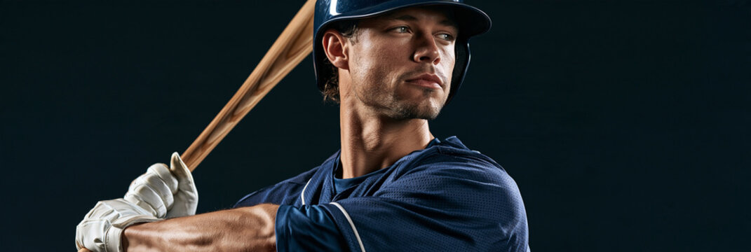 Baseball player grips bat, poised to swing. Focused gaze, intense concentration. Dark background highlights athletic stance. Perfect for sports, fitness, or athletic campaign visuals