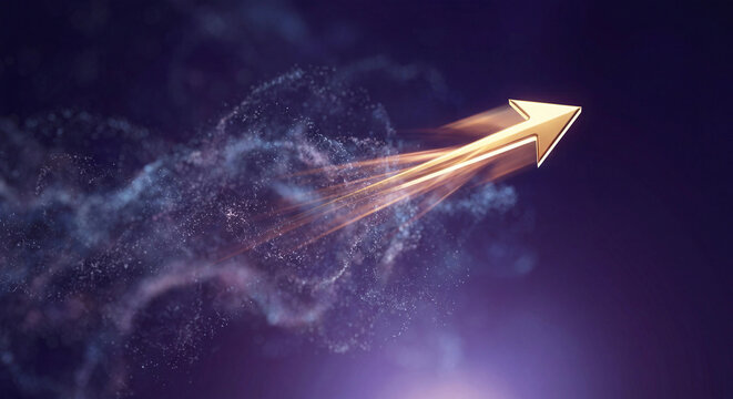 Golden arrow flying forward with glowing particle trail on dark purple background
