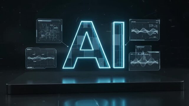 Futuristic AI logo with glowing neon blue letters and data visualizations on screens representing artificial intelligence and technology