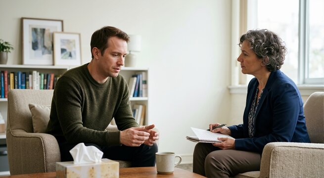 Man with PTSD explaining recurring memories to mental health professional. Flashbacks and intrusive memories