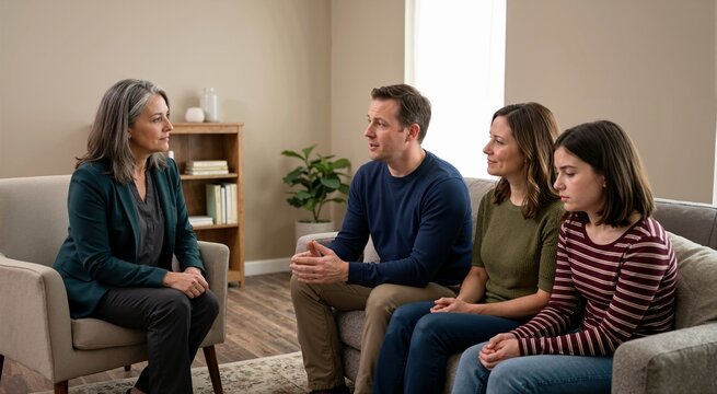 Therapist helping family agree on supportive communication practices. Couples and family therapy