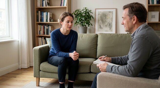 Adult discussing constant alertness with therapist. Hypervigilance and startle responses