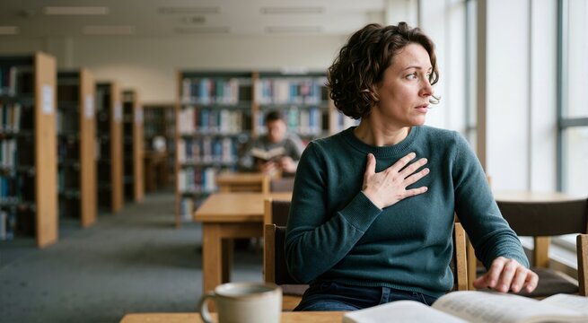 Woman with PTSD startled by sudden loud noise in public. Hypervigilance and startle responses