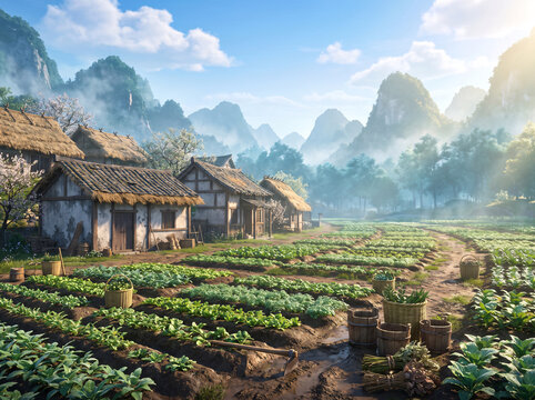Ancient farm village with thatched cottages and terraced crop fields nestles among misty towering karst mountains under bright cloud sky.