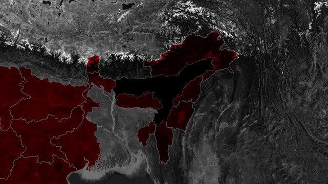 Cinematic Assam state map animation featuring geographic borders, territorial outline, northeastern location, regional divisions, terrain details, and cartographic presentation