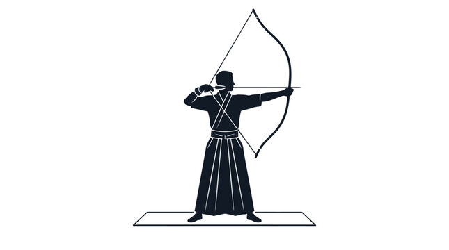 Archer in traditional kimono practicing archery with longbow in elegant black and white vector illustration